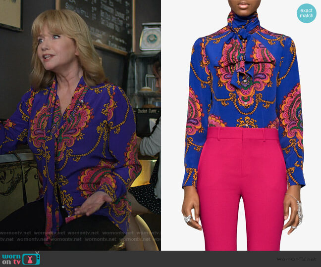 Gucci 70s graphic print silk shirt worn by Dorothy Walker (Rebecca De Mornay) on Jessica Jones