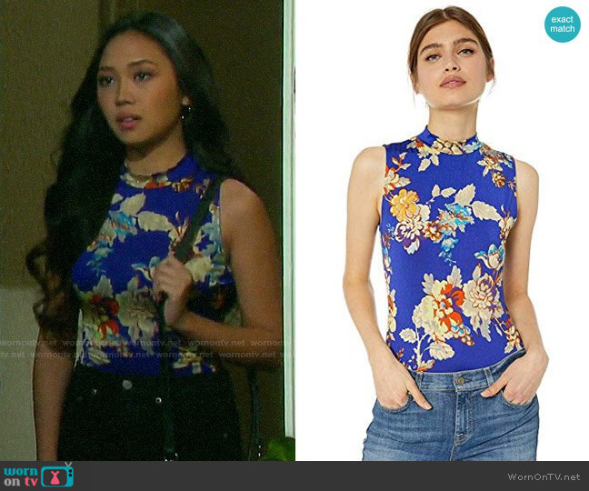 Guess Mikah Mock Neck Bodysuit in Dahlia Moss Blue Iris worn by Haley Chen (Thia Megia) on Days of our Lives