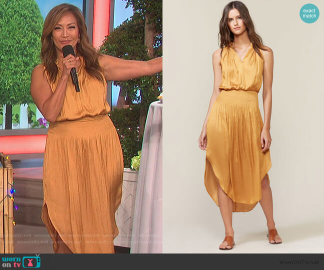 Halston Heritage Sleeveless Smocked Waist Midi Dress worn by Carrie Inaba on The Talk