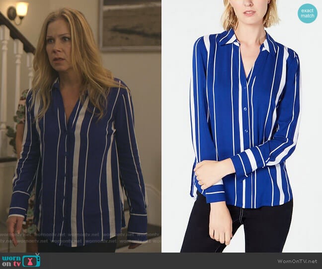 INC International Concepts Striped Button-Front Shirt worn by Jen Harding (Christina Applegate) on Dead to Me