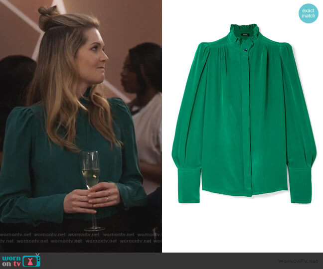 Isabel Marant Lamia ruffle-trimmed silk blouse worn by Sutton (Meghann Fahy) on The Bold Type