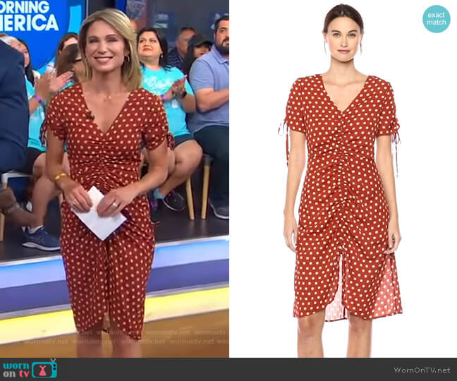 J.O.A. Polka Dot Short Sleeve V Neck Ruched Midi Dress worn by Amy Robach on Good Morning America