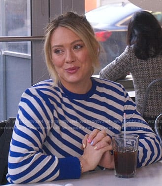 Kelsey’s blue and white diagonal striped sweater on Younger