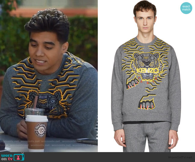 Kenzo Gray Geo Tiger Sweatshirt worn by Vivek Shah (Jordan Buhat) on Grown-ish