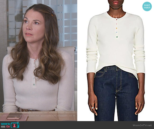 Lisa Perry Rib Knit Cashmere Henley worn by Liza Miller (Sutton Foster) on Younger