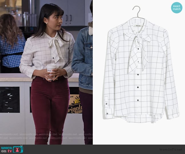 Madewell Flannel Tie-Neck Shirt in Windowpane worn by Rachelle Cohen-Strauss (Haley Tju) on Trinkets