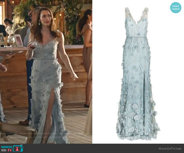 Marchesa Notte Floral Embroidered Plunging Gown worn by Abigail Pershing (Sarah Power) on Good Witch