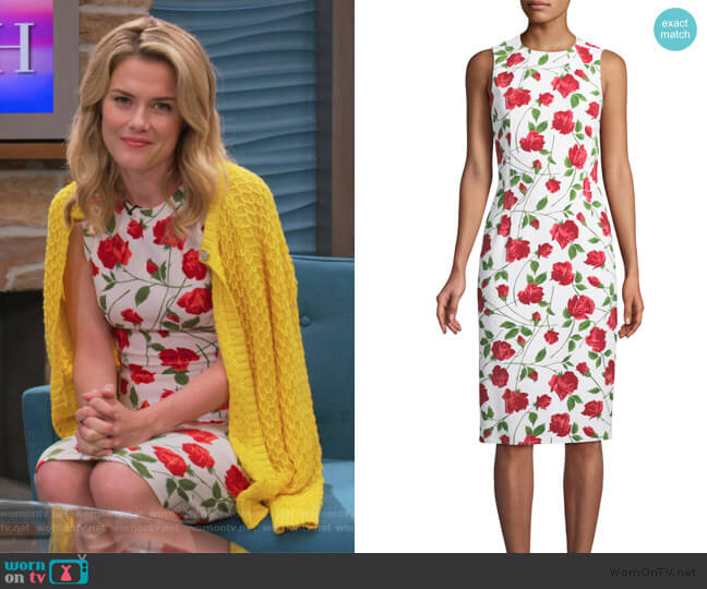 Michael Kors Sleeveless Stemmed-Rose Print Stretch-Cady Sheath Dress worn by Trish Walker (Rachael Taylor) on Jessica Jones