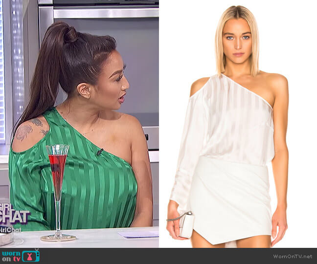 Michelle Mason One Sleeve cut out top worn by Jeannie Mai on The Real