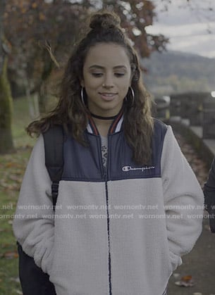 Moe’s white shearling jacket on Trinkets
