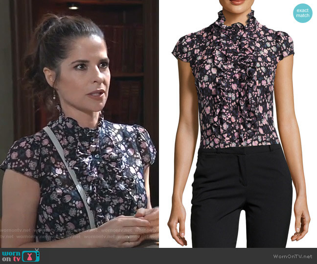Nanette Lepore Cap-Sleeve Floral Silk Ruffle-Trim Blouse worn by Sam McCall (Kelly Monaco) on General Hospital