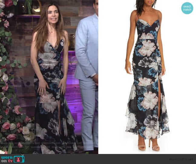 Nicholas Floral Ruched Silk Dress worn by Victoria Newman (Amelia Heinle) on The Young and the Restless