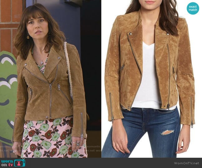 BlankNYC Denim No Limit Suede Moto Jacket worn by Judy Hale (Linda Cardellini) on Dead to Me