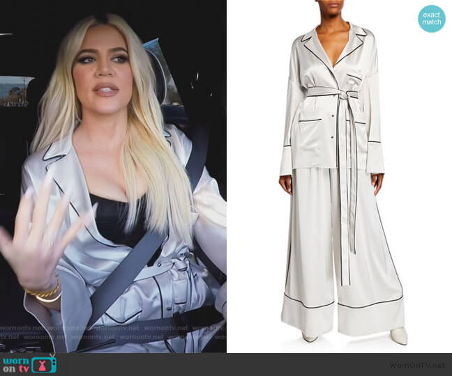 Off-White Piped Pajama Shirt w/ Self-Belt worn by Khloe Kardashian on Keeping Up with the Kardashians