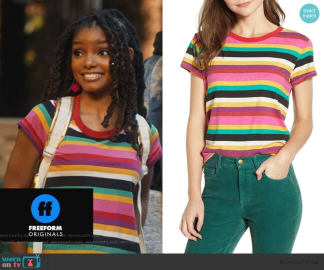 Pam and Gela Rainbow Stripe Tee worn by Skylar Forster (Halle Bailey) on Grown-ish
