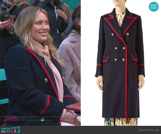 Gucci Piped Double-Breasted Coat worn by Kelsey Peters (Hilary Duff) on Younger