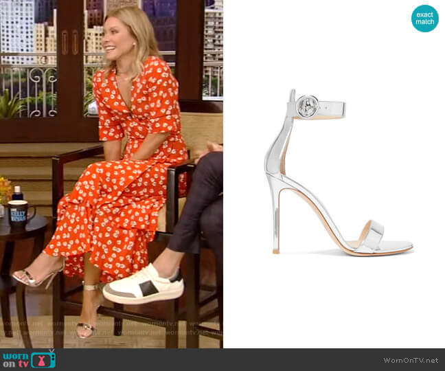 Gianvito Rossi Portofino Metallic Leather Sandals worn by Kelly Ripa on Live with Kelly and Mark