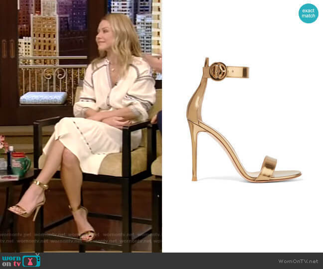 Gianvito Rossi Portofino Metallic Leather Sandals worn by Kelly Ripa on Live with Kelly and Mark