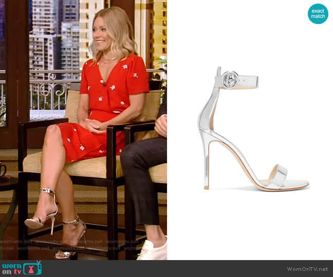 Gianvito Rossi Portofino Metallic Leather Sandals worn by Kelly Ripa on Live with Kelly and Mark