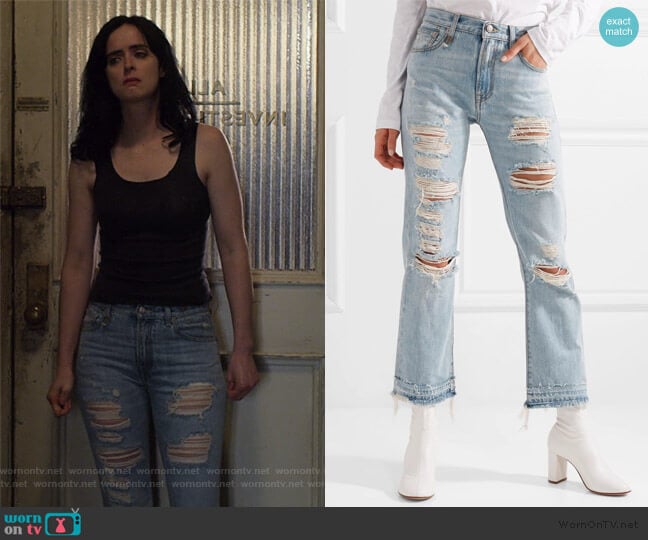 R13 Bowie distressed mid-rise straight-leg jeans worn by Jessica Jones (Krysten Ritter) on Jessica Jones