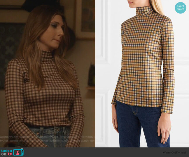 Rokh Mask houndstooth satin-jersey turtleneck top worn by Nomi Segal (Emily Arlook) on Grown-ish