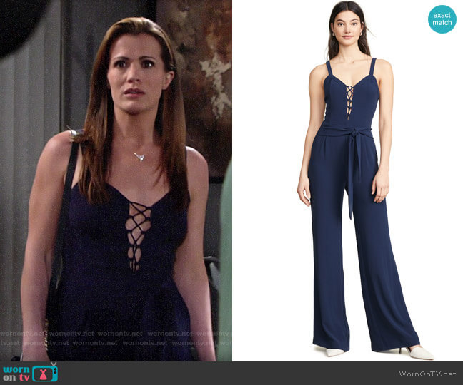 Ramy Brook Whitley Jumpsuit in Spring Navy worn by Chelsea Lawson (Melissa Claire Egan) on The Young and the Restless
