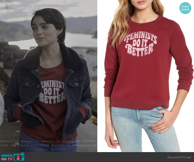 Rebecca Minkoff Jennings Feminists Do It Better Sweatshirt worn by Elodie Davis (Brianna Hildebrand) on Trinkets