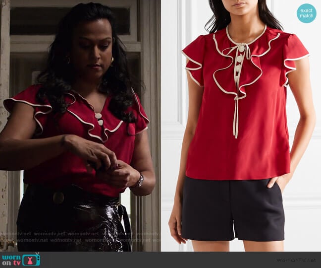 RED Valentino Ruffled silk crepe de chine blouse worn by Gillian (Aneesh Sheth) on Jessica Jones