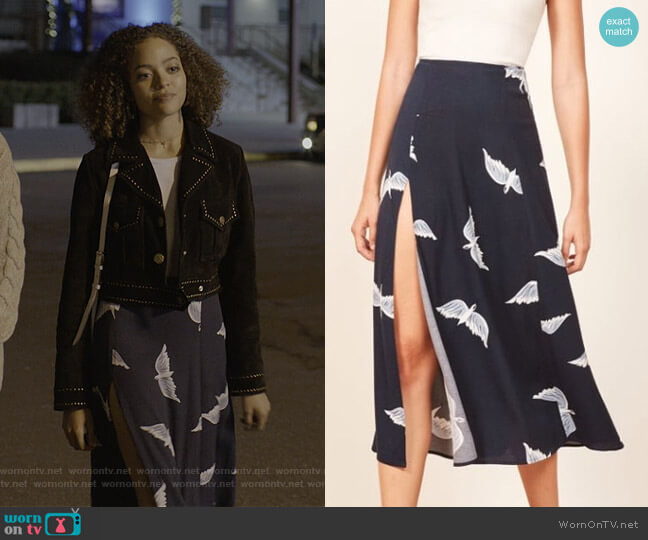 Reformation Zoe Sparrow Skirt worn by Tabitha Foster (Quintessa Swindell) on Trinkets