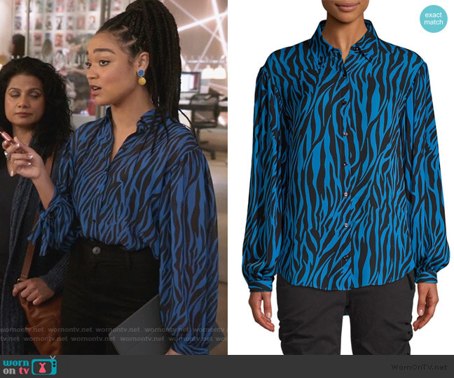 Robert Rodriguez Zebra-print georgette shirt worn by Kat Edison (Aisha Dee) on The Bold Type