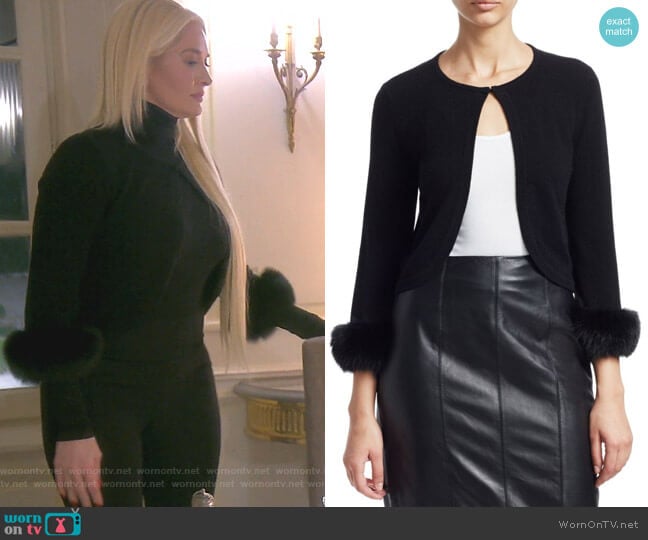 Saks Fifth Avenue Collection Cashmere Cropped Fox Fur Cuff Cardigan worn by Erika Jayne on The Real Housewives of Beverly Hills