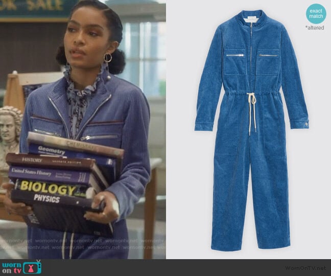 Sandro Corduroy jumpsuit worn by Zoey Johnson (Yara Shahidi) on Grown-ish