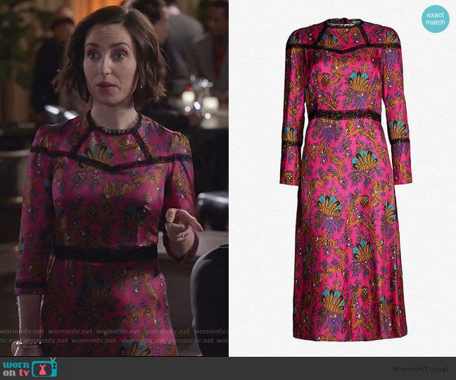 Sandro Lace-panelled printed silk midi dress worn by Jennifer Short (Zoe Lister-Jones) on Life in Pieces