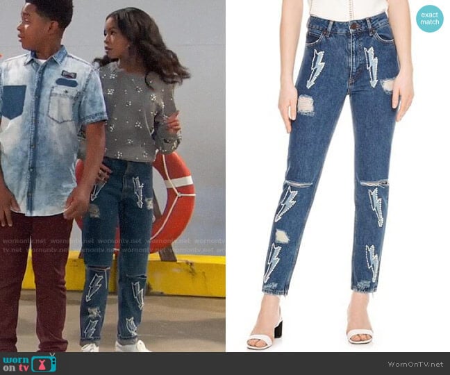 Sandro Rebecca Lightning Bolt Graphic Jeans worn by Nia Baxter (Navia Robinson) on Ravens Home