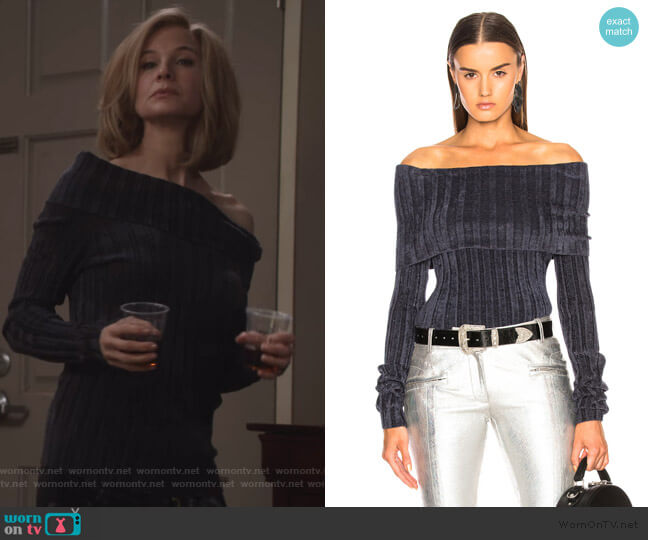 Sies Marjan Daphne Velour Rib Off Shoulder Sweater worn by Anne Montgomery (Renee Zellweger) on What/If