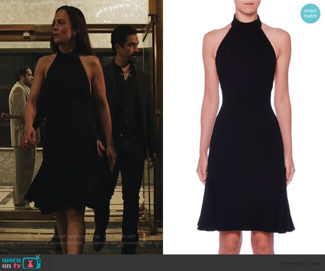 Stella McCartney Sleeveless Halter-Neck Open-Back Fit-and-Flare Cady Dress worn by Teresa Mendoza (Alice Braga) on Queen of the South