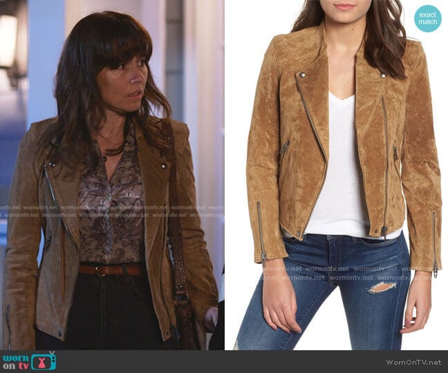 BlankNYC Denim No Limit Suede Moto Jacket worn by Judy Hale (Linda Cardellini) on Dead to Me