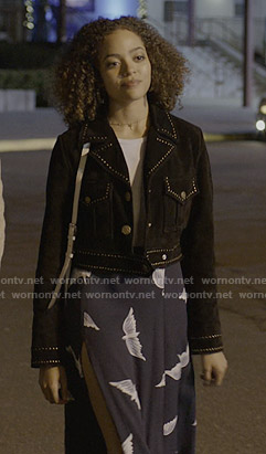 Tabitha’s navy bird print slit skirt on Trinkets