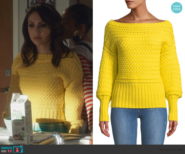 Tanya Taylor Marie Cable-Knit Off-Shoulder Sweater worn by Ana Torres (Francia Raisa) on Grown-ish