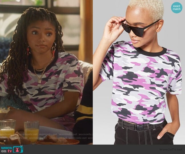 Target Camo Ringer t-shirt worn by Skylar Forster (Halle Bailey) on Grown-ish