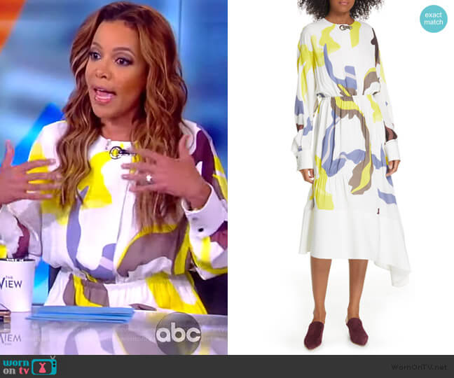 Tibi Asymmetric Paneled Printed Crepe Midi Dress worn by Sunny Hostin on The View