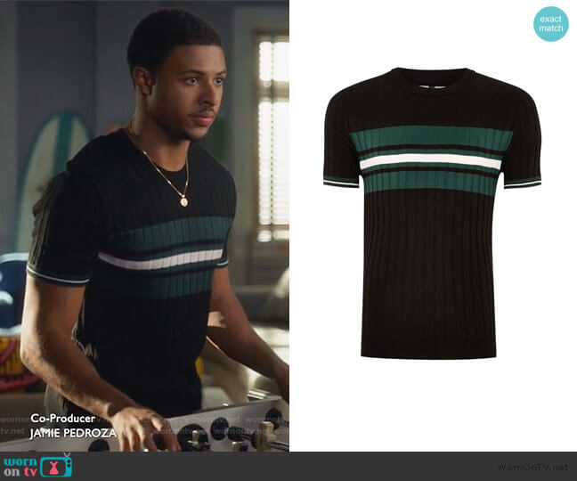 Topman Black And Teal Stripe Ribbed Sweater worn by Douglas Edwards (Diggy Simmons) on Grown-ish