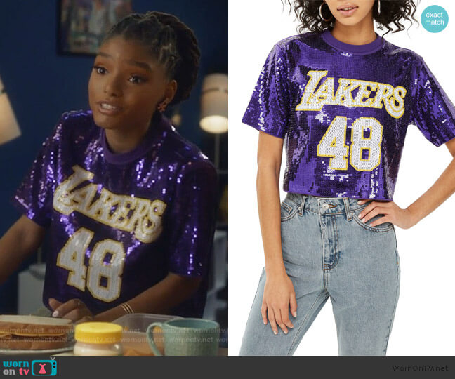 Topshop x UNK Lakers Sequin Crop Top worn by Skylar Forster (Halle Bailey) on Grown-ish