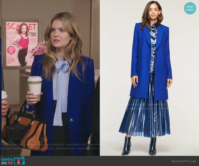 Milly Twill Coating Eva Slim Coat worn by Sutton (Meghann Fahy) on The Bold Type
