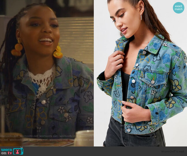 Urban Outfitters Floral Embroidered Trucker Jacket worn by Jazlyn Forster (Chloe Bailey) on Grown-ish