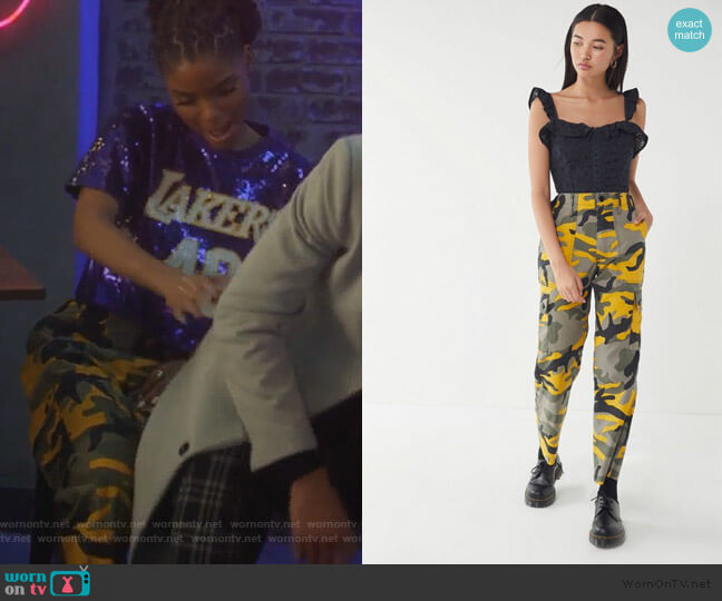 Urban Outfitters Vintage Colorful Camo Cargo Pants worn by Skylar Forster (Halle Bailey) on Grown-ish