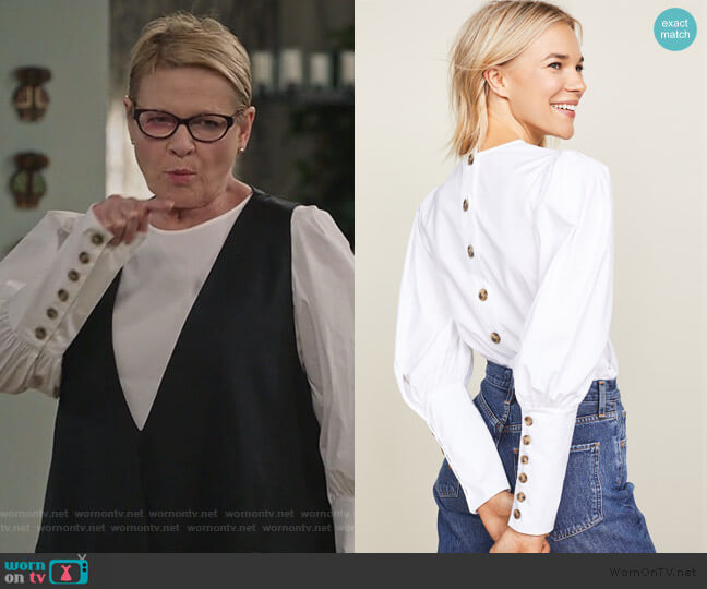 Veronica Beard Clarke Button-Back Poplin Top worn by Joan Short (Dianne Wiest) on Life in Pieces