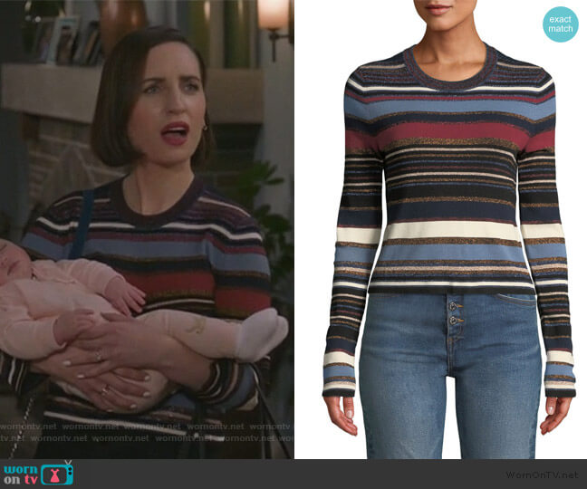 Veronica Beard Palmas Striped Metallic Cropped Sweater worn by Jennifer Short (Zoe Lister-Jones) on Life in Pieces