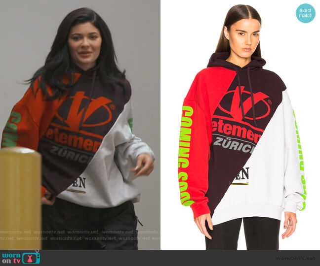 Vetements Patchwork Hooded Cotton Sweatshirt worn by Kylie Jenner on Keeping Up with the Kardashians