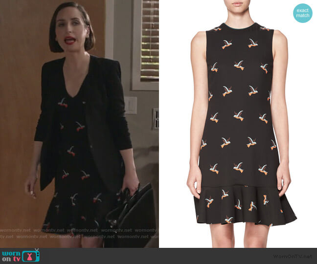 Victoria Victoria Beckham Bird-Print Flounce-Hem Minidress worn by Jennifer Short (Zoe Lister-Jones) on Life in Pieces